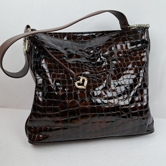 Brighton Cher Croc Embossed Glossy Patent Leather Hobo Bag - Picture 1 of 16